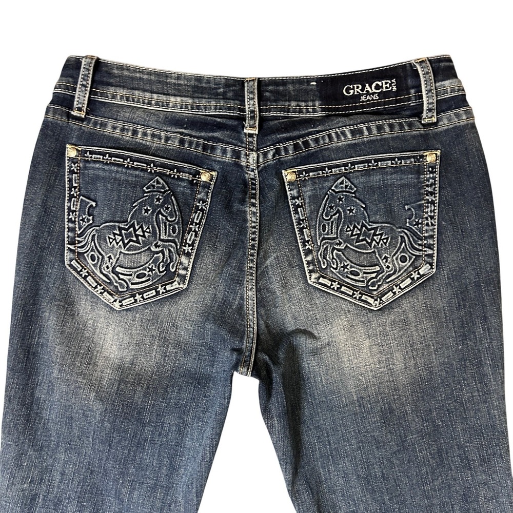 Grace in LA Jeans Womens 30 Blue Easy Fit Horse Embroidered Bootcut